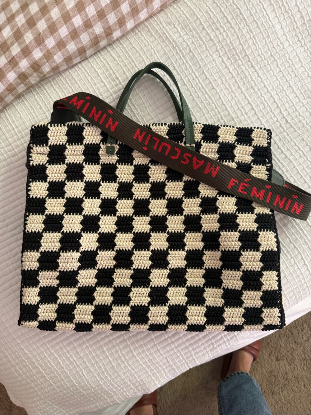 Clare V. Summer Simple Tote Black & Cream Crochet Checker – NEW / Never Used